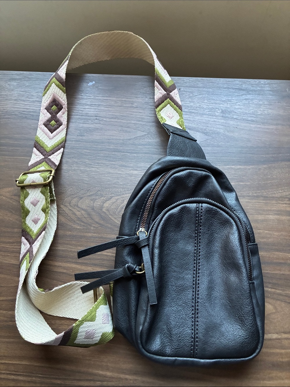 Sonoma Black Crossbody Sling Bag with Patterned Strap